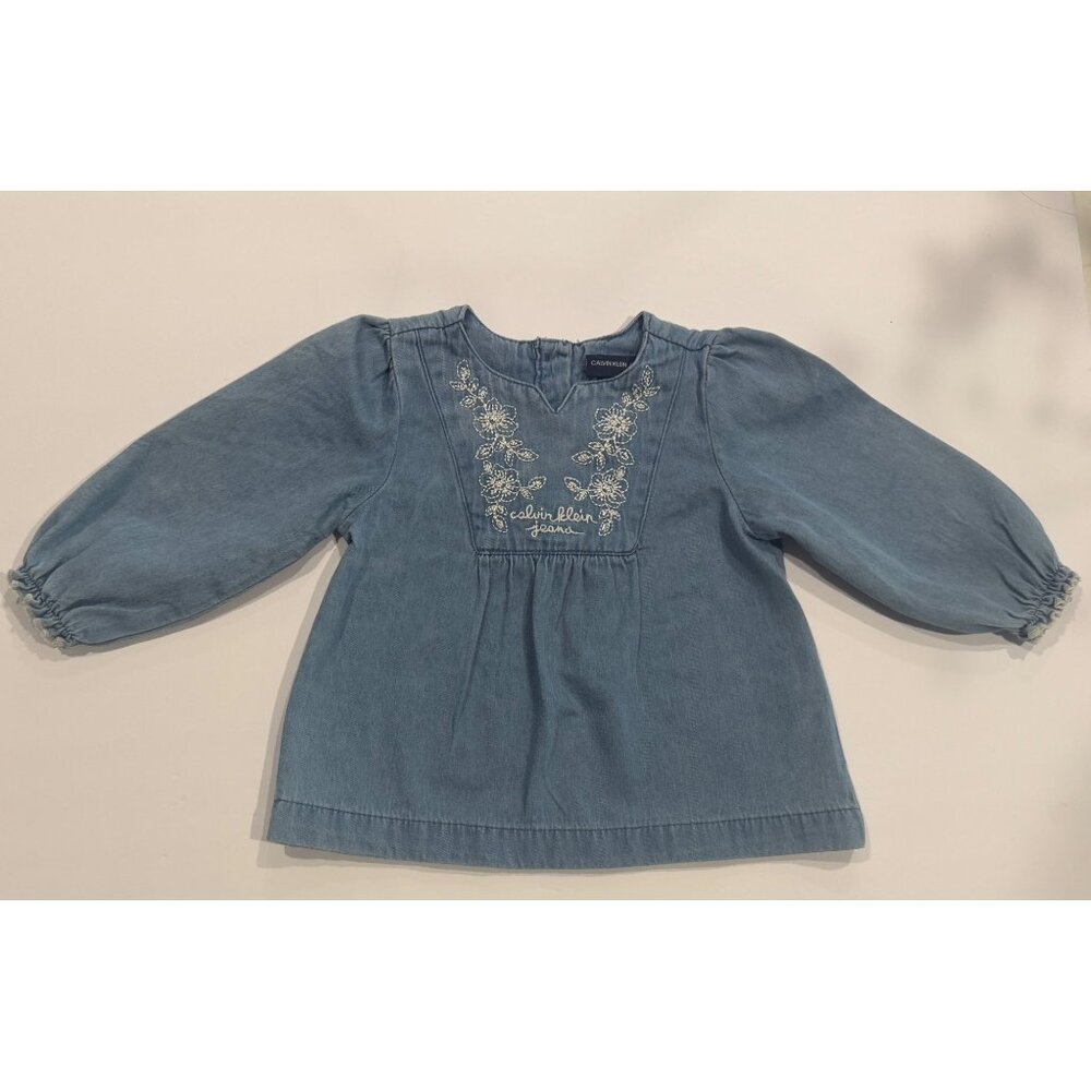 Calvin Klein Baby Girls 6-9 Mo Long Sleeved  Denim Floral Embroidered Dress Soft
